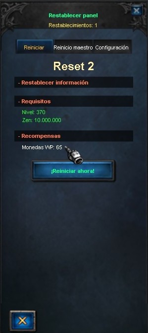 Panel de Reset - Recompensa en WP
